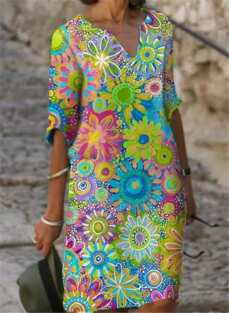 Color-Blocked Printed Patchwork V Neck Dress