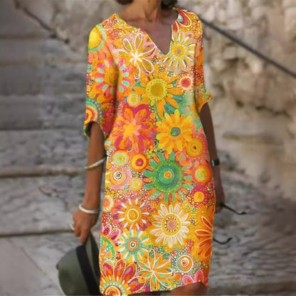 Color-Blocked Printed Patchwork V Neck Dress