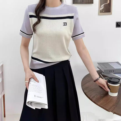 Color-blocking and patchwork round-neck short-sleeved ice silk knitted top, wide T-shirt for women
