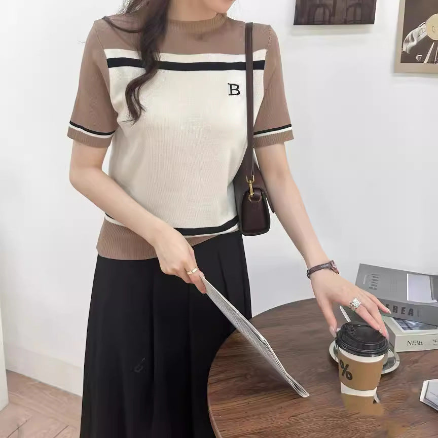 Color-blocking and patchwork round-neck short-sleeved ice silk knitted top, wide T-shirt for women
