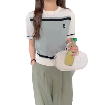Color-blocking and patchwork round-neck short-sleeved ice silk knitted top, wide T-shirt for women