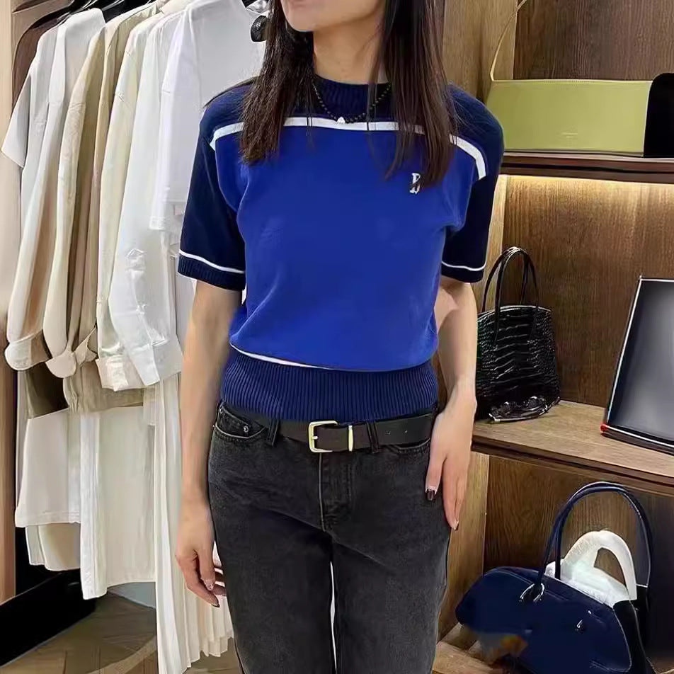 Color-blocking and patchwork round-neck short-sleeved ice silk knitted top, wide T-shirt for women
