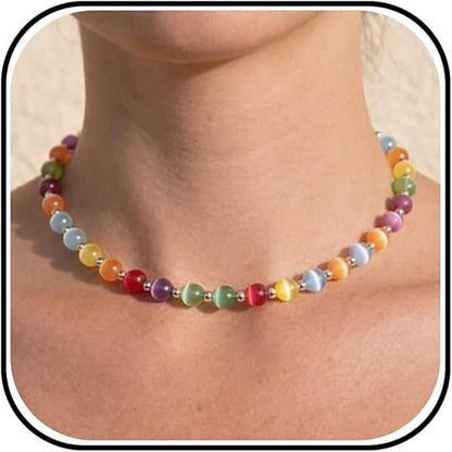 Color-Changing Bead Necklace with Premium Metal Clasp and Long Chain