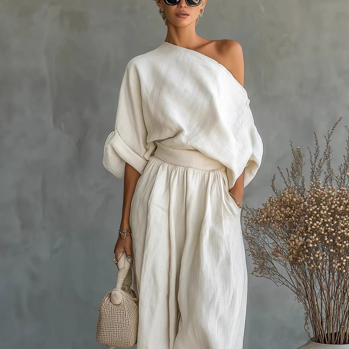 Color Stylish Off-Shoulder T-Shirt with Pockets