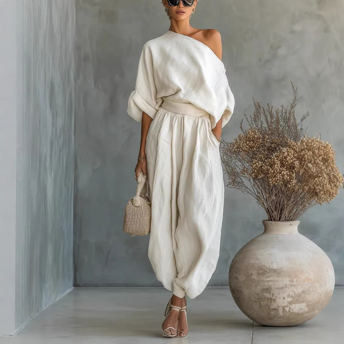 Color Stylish Off-Shoulder T-Shirt with Pockets