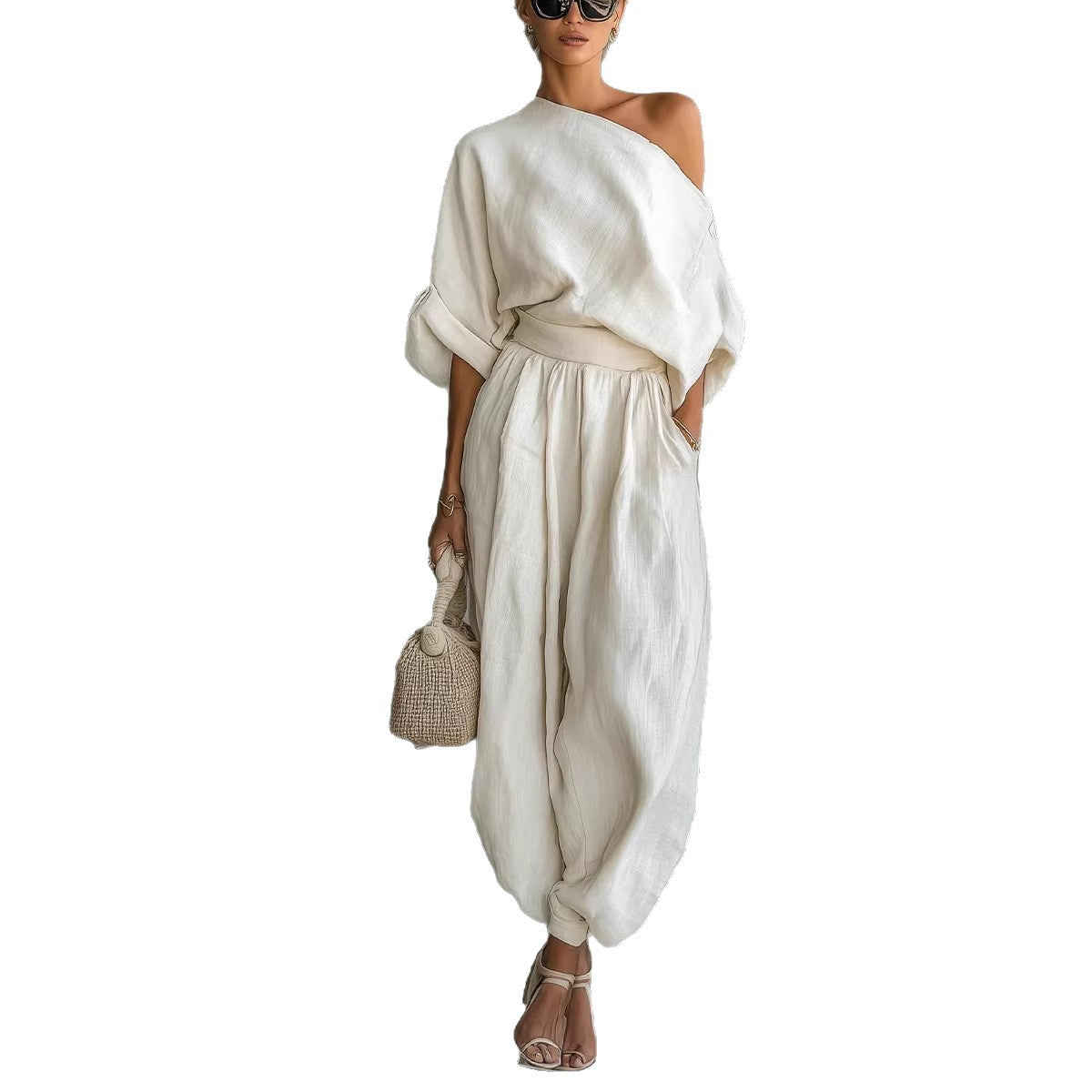 Color Stylish Off-Shoulder T-Shirt with Pockets