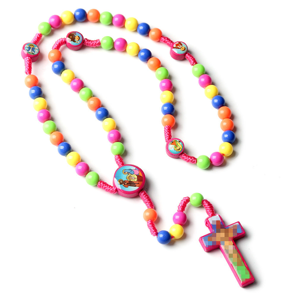 Colorful Children's Cross Rosary Necklace with Hand-Knotted 8mm Plastic Beads, Cross-Border Jewelry Wholesale