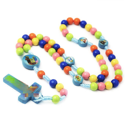 Colorful Children's Cross Rosary Necklace with Hand-Knotted 8mm Plastic Beads, Cross-Border Jewelry Wholesale
