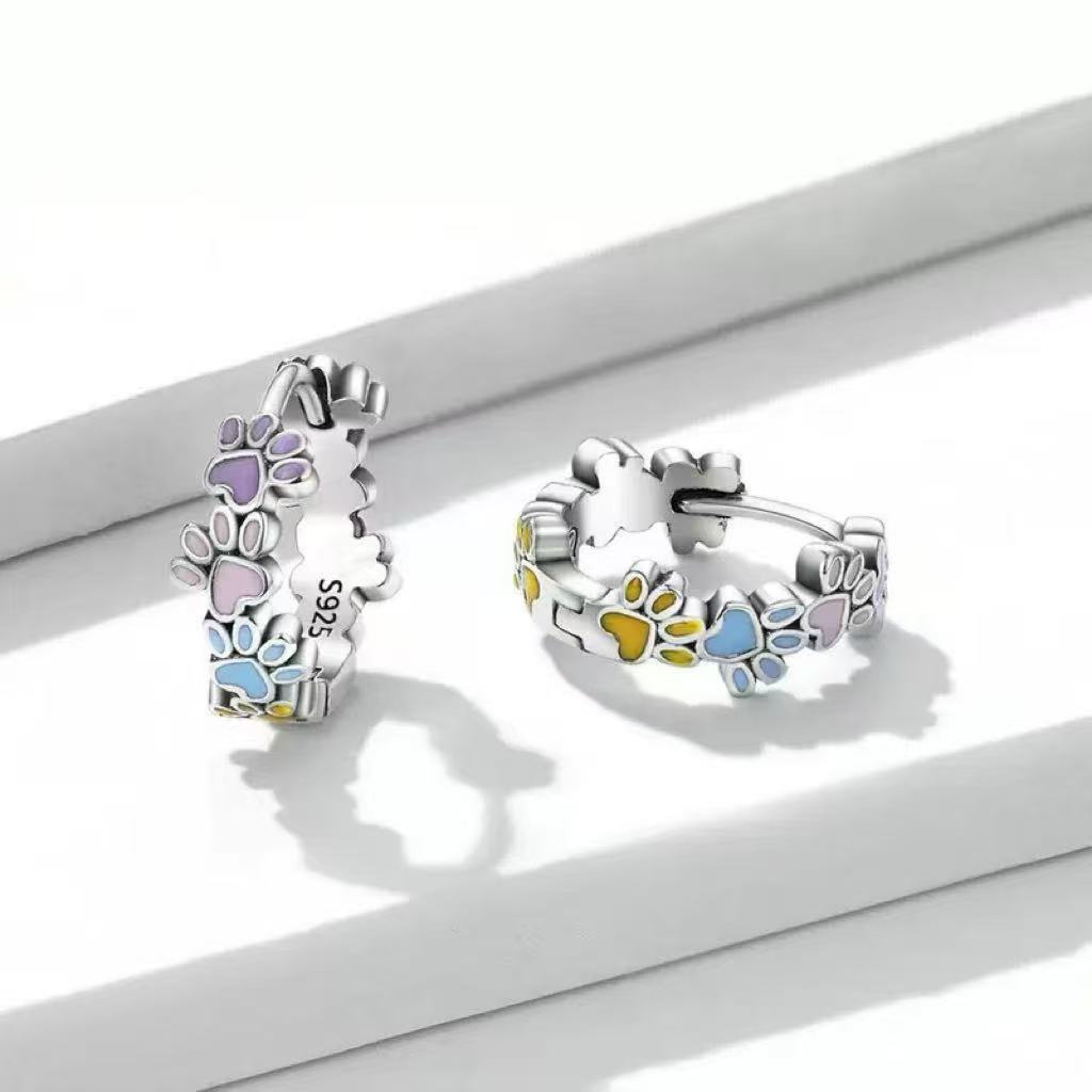 Colorful Cute Pet Paw Print Earrings with Ear Clips for Women