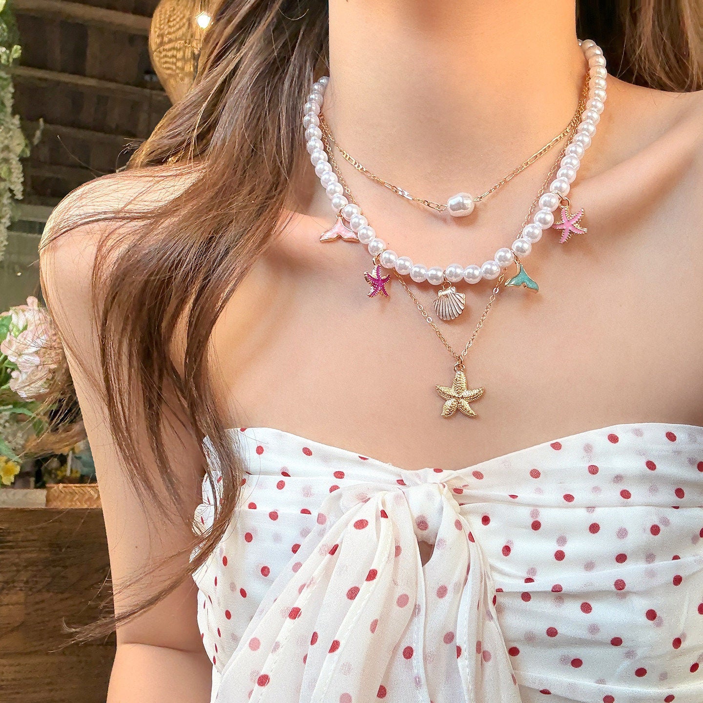 Colorful Island Multi-Layer Starfish Pearl Necklace Choker