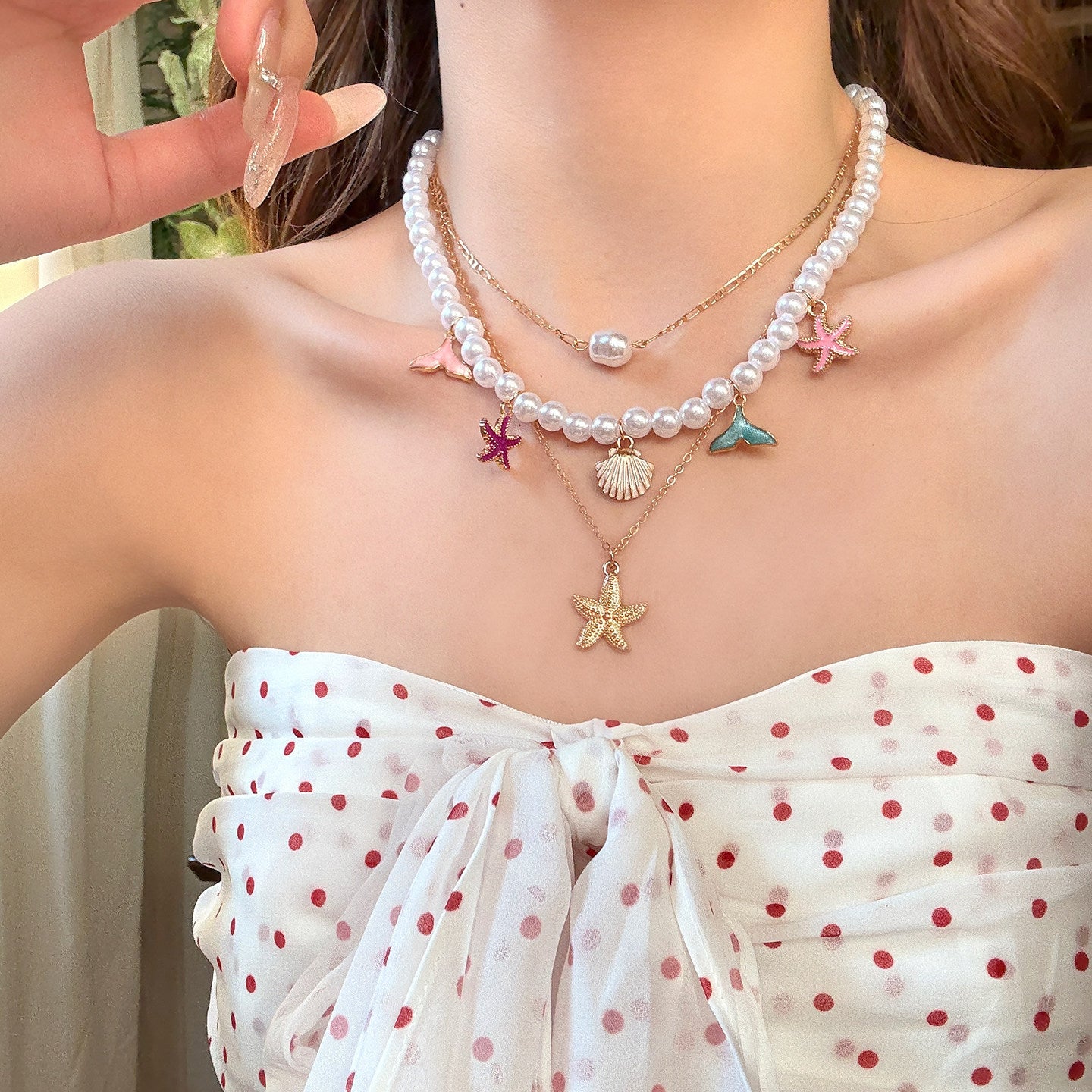 Colorful Island Multi-Layer Starfish Pearl Necklace Choker