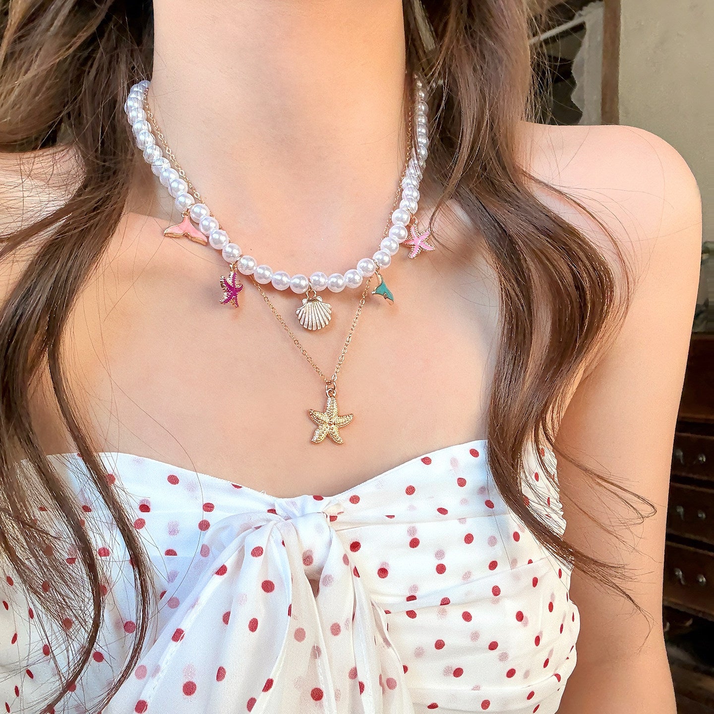 Colorful Island Multi-Layer Starfish Pearl Necklace Choker