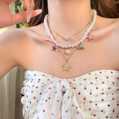 Colorful Island Multi-Layer Starfish Pearl Necklace Choker