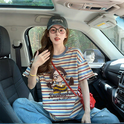 Colorful Striped Cotton T-Shirt Women Loose Fit