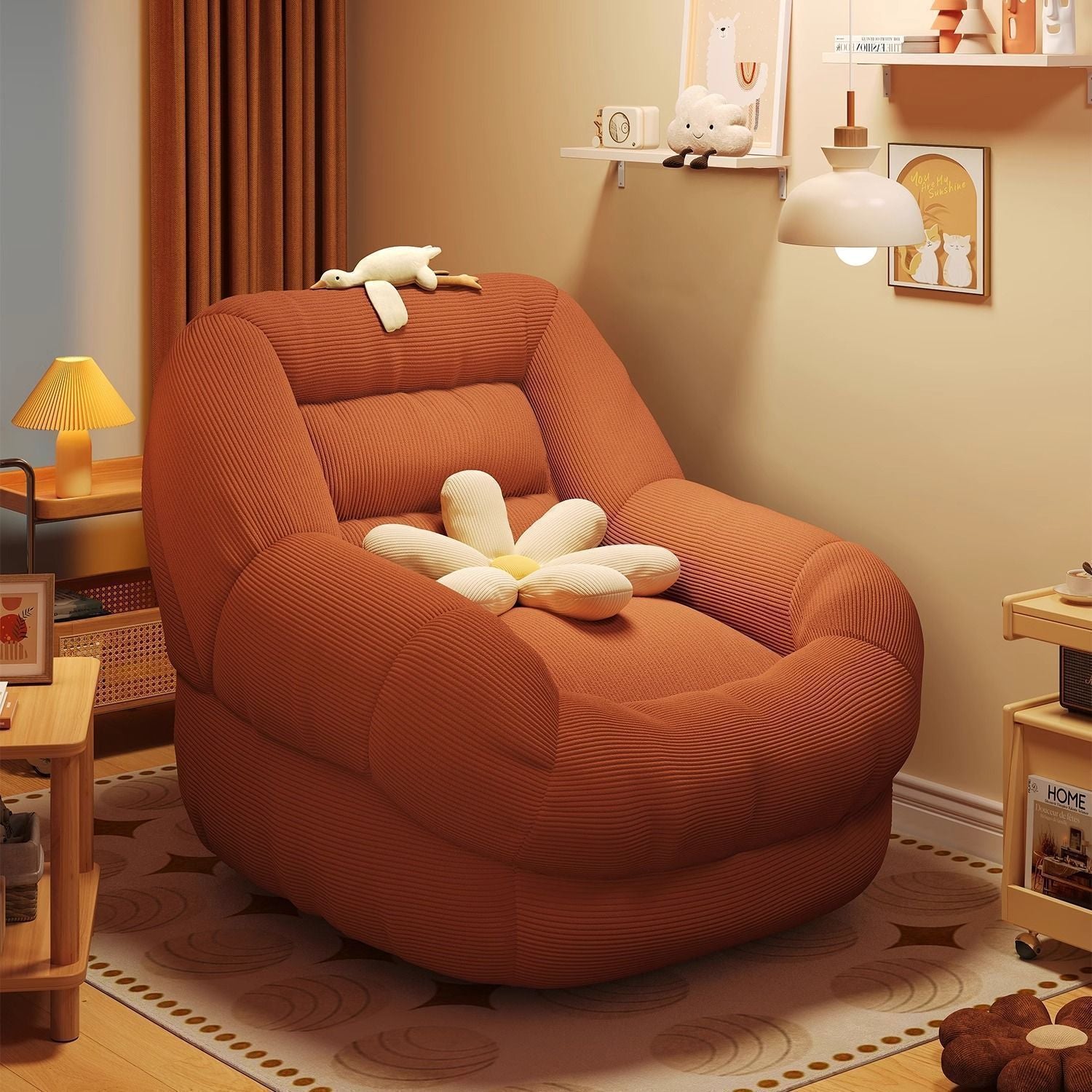 Compact Corduroy Lounge Sofa with Optional Footrest
