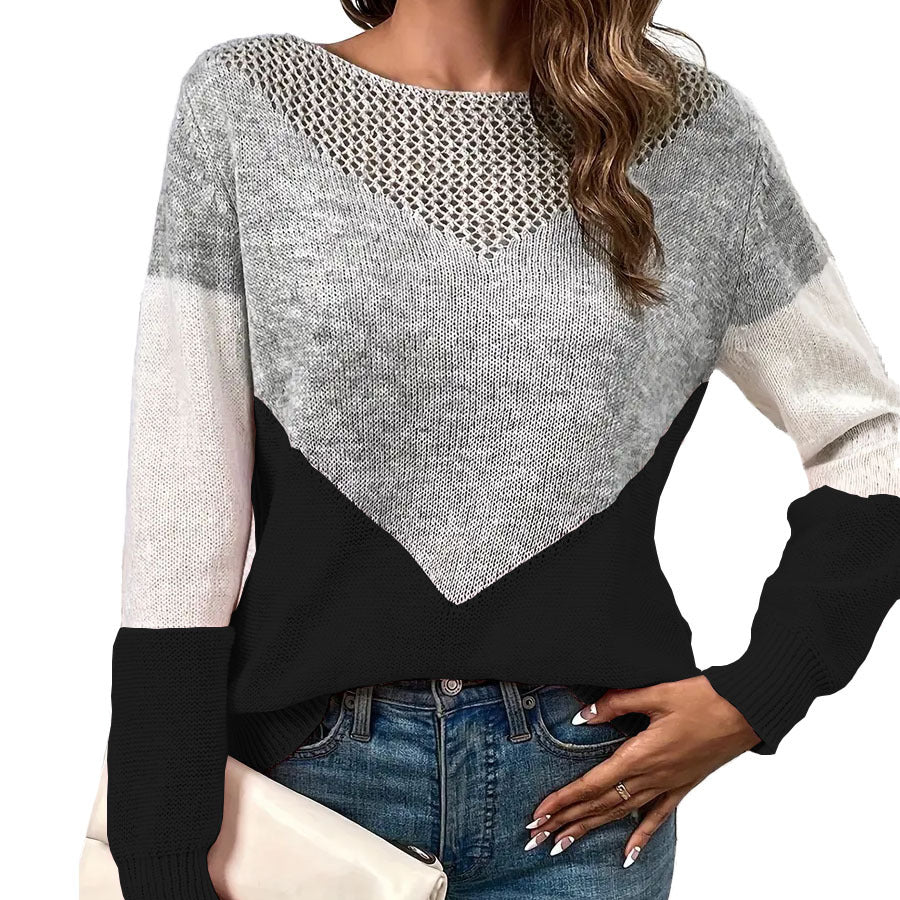 Contrast Color Hollow Knit Sweater Women's Loose Fit Long Sleeve Top