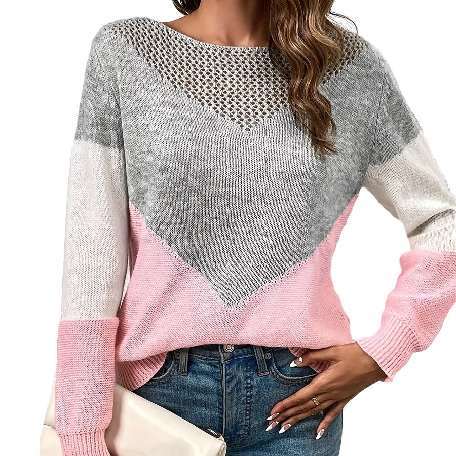 Contrast Color Hollow Knit Sweater Women's Loose Fit Long Sleeve Top