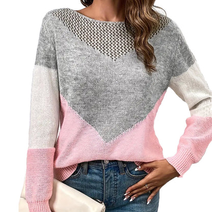 Contrast Color Hollow Knit Sweater Women's Loose Fit Long Sleeve Top