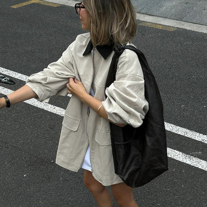 Contrast Color Lapel Loose Fit Womens Jacket