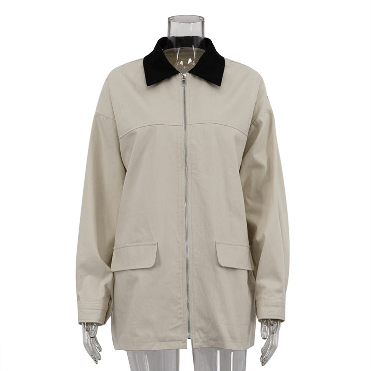 Contrast Color Lapel Loose Fit Womens Jacket