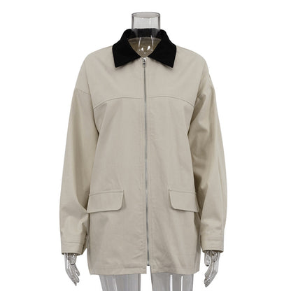 Contrast Color Lapel Loose Fit Womens Jacket
