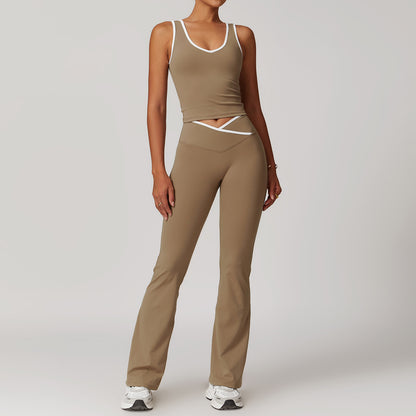Contrast Color Sexy Tight Fitness Clothes suit V-Neck Sports Vest Quick-drying High Waist Cross Hip Lifting Yoga Flared Pants