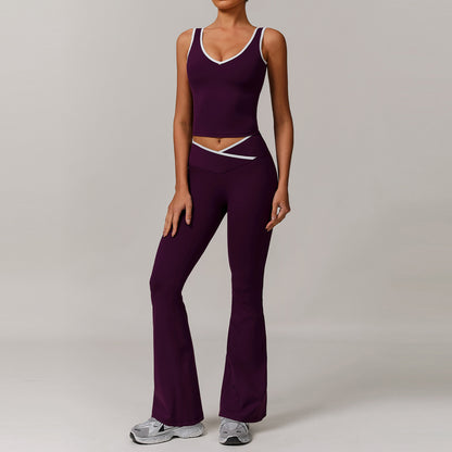 Contrast Color Sexy Tight Fitness Clothes suit V-Neck Sports Vest Quick-drying High Waist Cross Hip Lifting Yoga Flared Pants