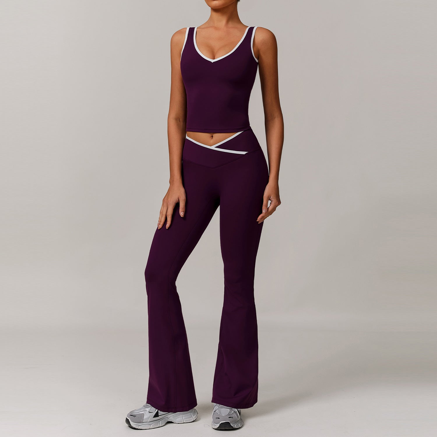 Contrast Color Sexy Tight Fitness Clothes suit V-Neck Sports Vest Quick-drying High Waist Cross Hip Lifting Yoga Flared Pants