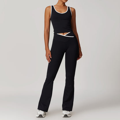 Contrast Color Sexy Tight Fitness Clothes suit V-Neck Sports Vest Quick-drying High Waist Cross Hip Lifting Yoga Flared Pants