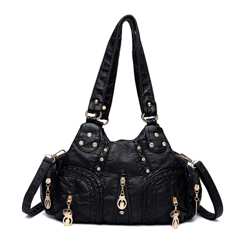 Contrasting color patch shoulder bag