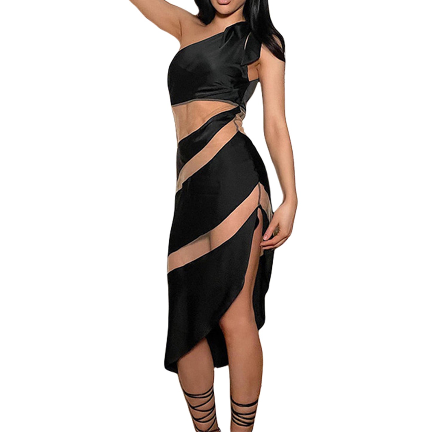 Contrasting-color three-dimensional fitted net-sheer dress