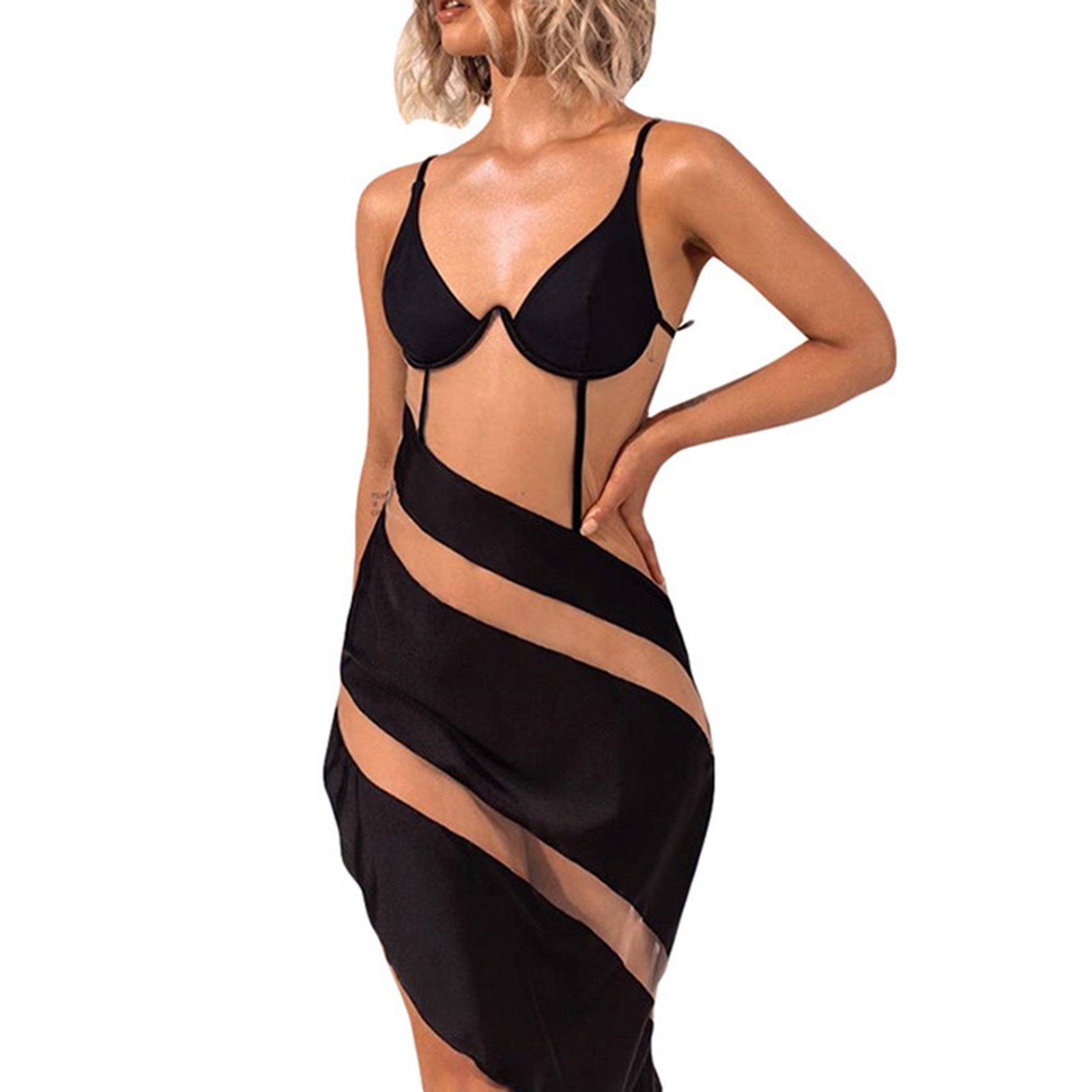 Contrasting-color three-dimensional fitted net-sheer dress