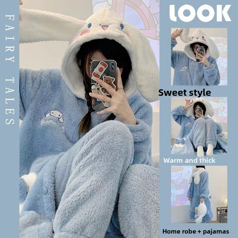 Coral Fleece Pajamas Set Cartoon Print Home Sleepwear