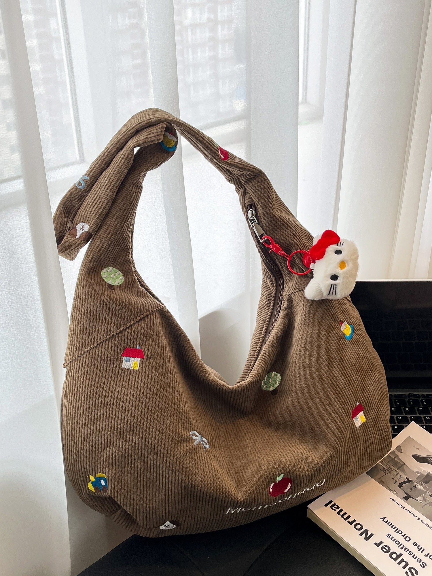 Corduroy Crossbody Tote Bag with Embroidery