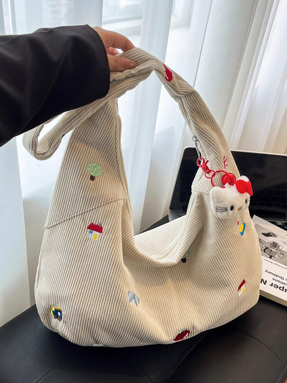 Corduroy Crossbody Tote Bag with Embroidery