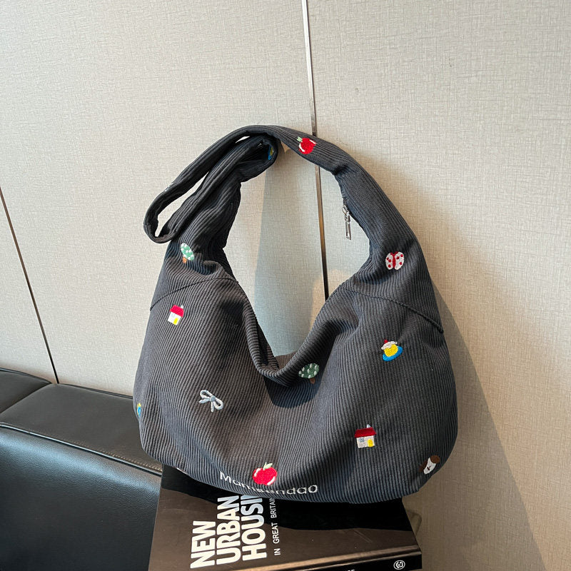 Corduroy Crossbody Tote Bag with Embroidery