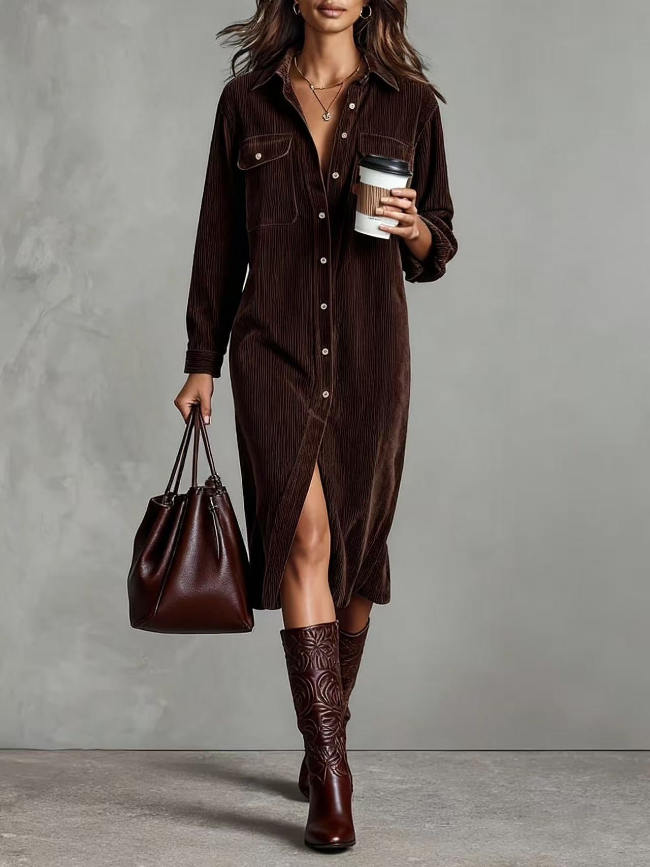 Corduroy long sleeve shirt dress