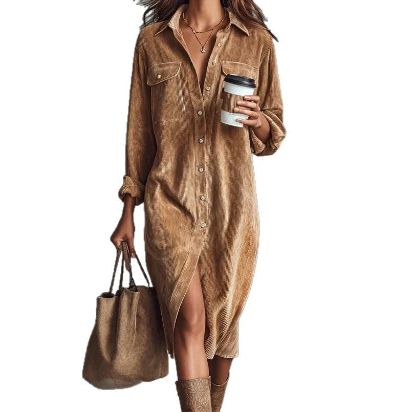 Corduroy long sleeve shirt dress