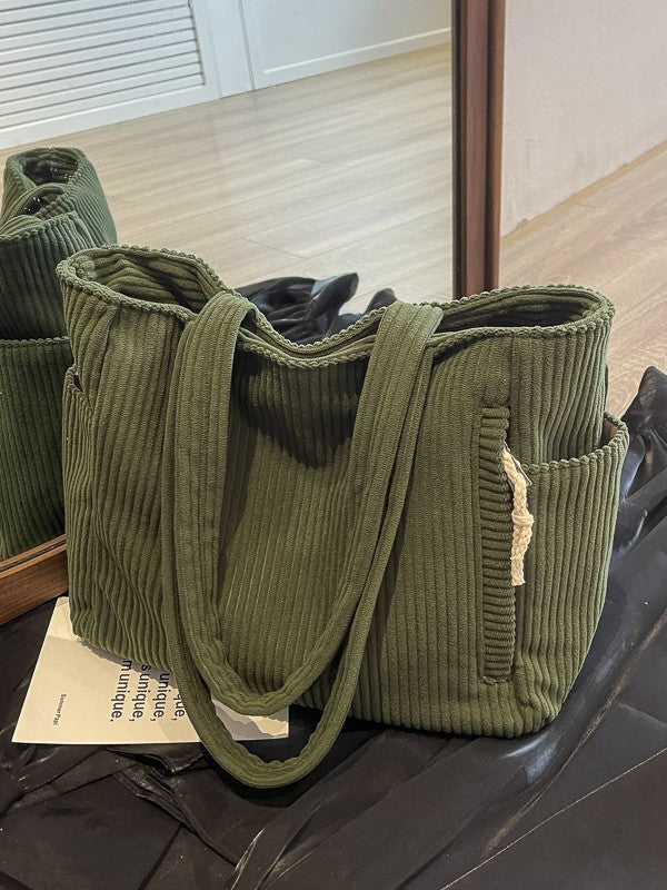 Corduroy Shoulder Tote Bag with Multiple Pockets