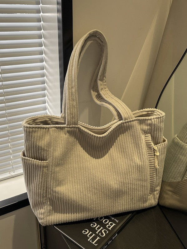 Corduroy Shoulder Tote Bag with Multiple Pockets