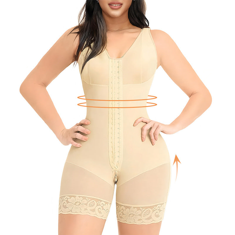 Corset-style figure-hugging and buttock-enhancing one-piece garment