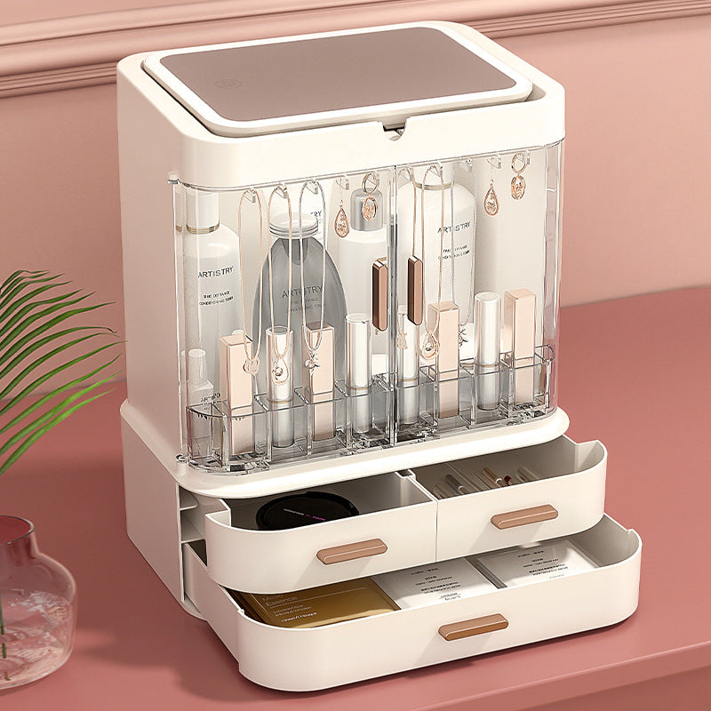 Cosmetic Storage Box with LED Mirror and Drawers