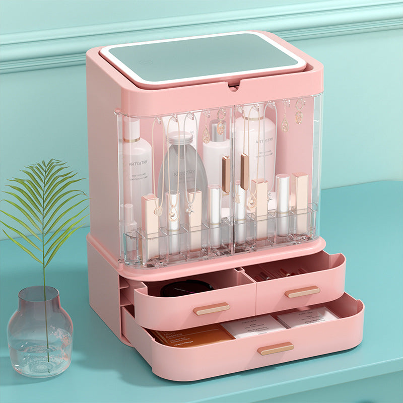 Cosmetic Storage Box with LED Mirror and Drawers