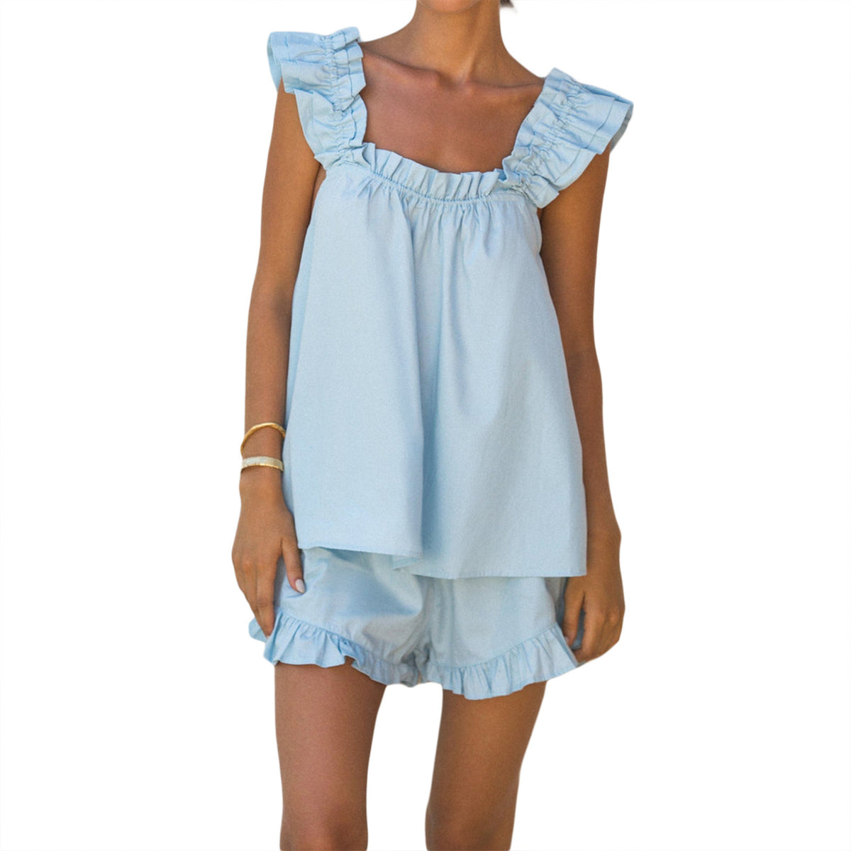 Cotton and linen blouse with wooden earflaps, stylish short pants set