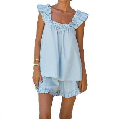 Cotton and linen blouse with wooden earflaps, stylish short pants set