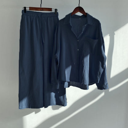 cotton and linen shirts, high-waisted loose trousers