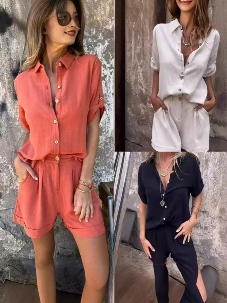 Cotton and linen short-sleeved top and short set