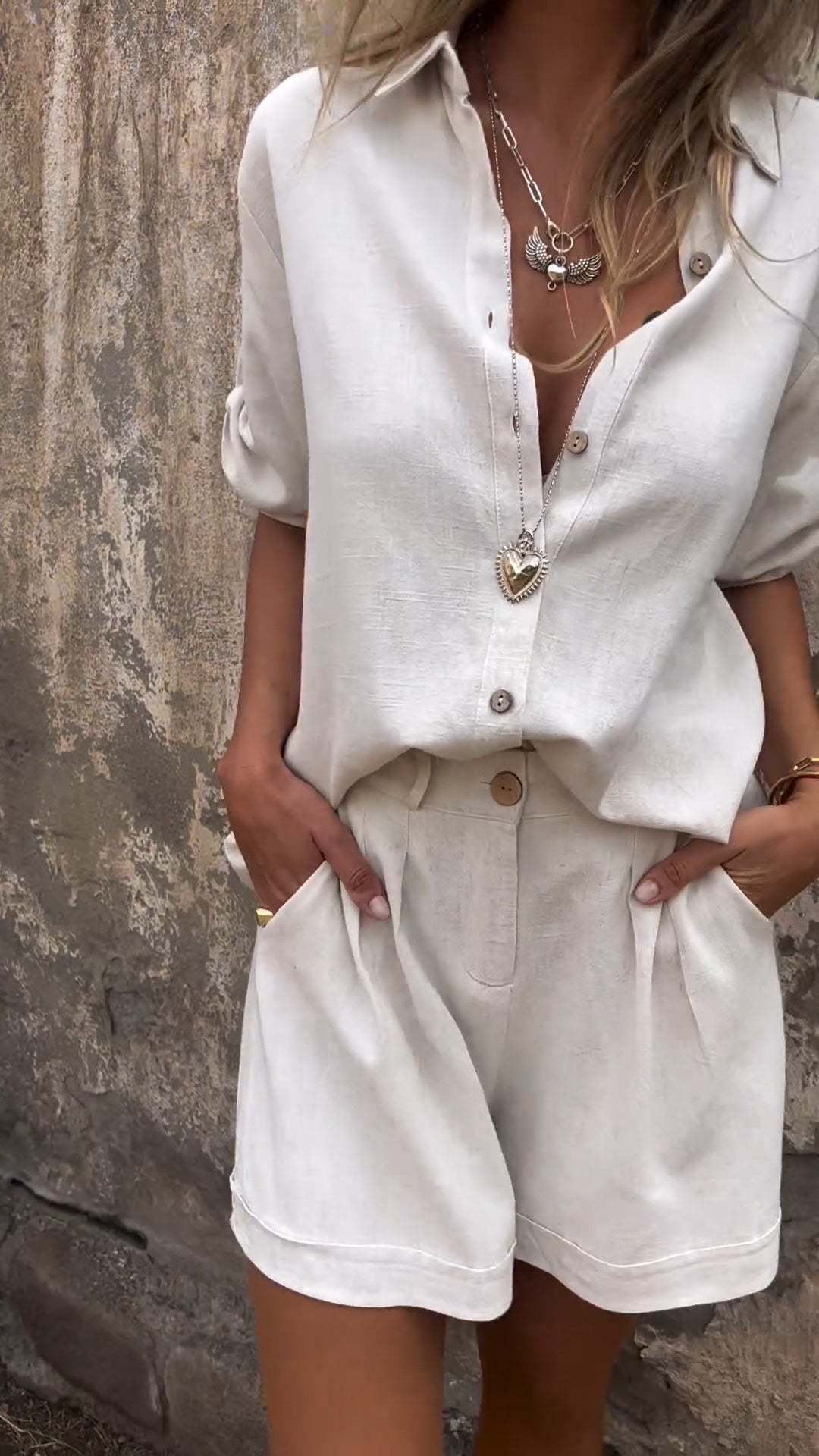 Cotton and linen short-sleeved top and short set
