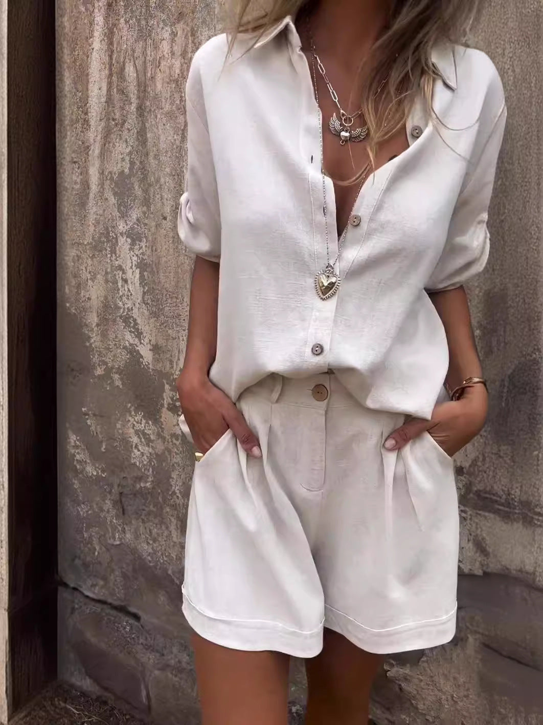Cotton and linen short-sleeved top and short set