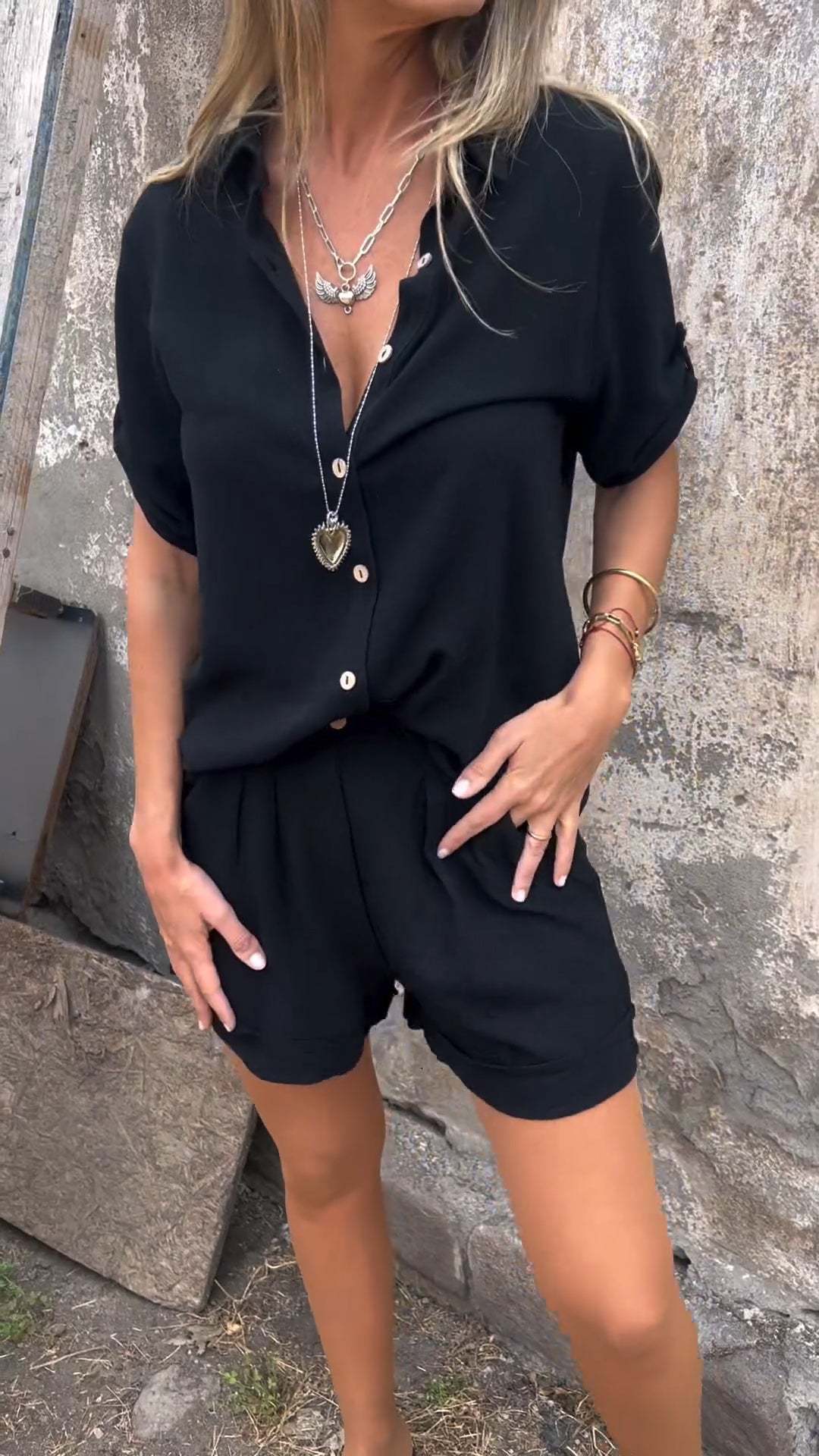Cotton and linen short-sleeved top and short set